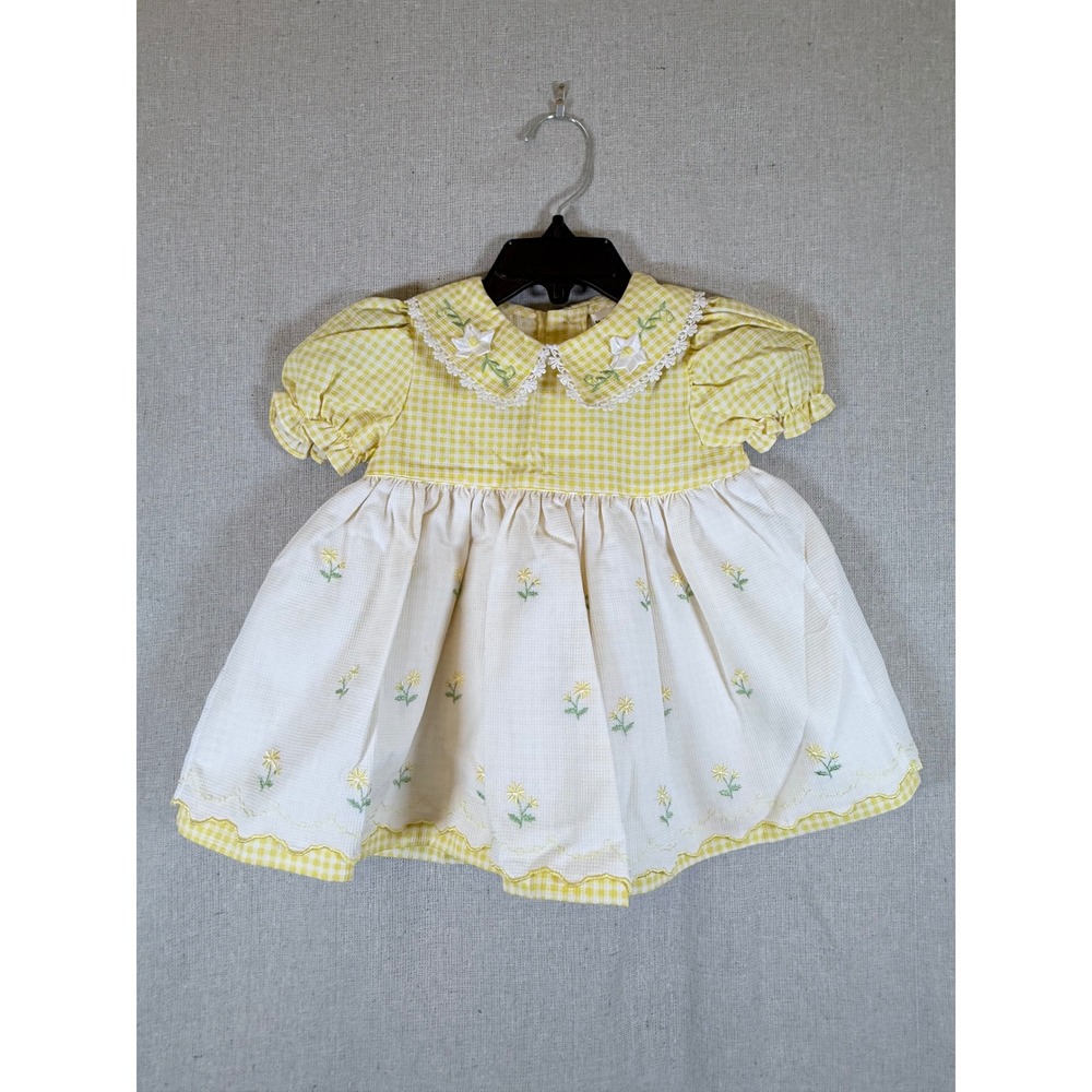 BT Kids Baby Girl Yellow Gingham Floral Embroidered Seersucker Dress 12M Vintage